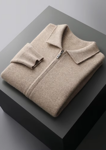 EXTRA-FINE MERINO WOOL ZIP POLO CARDIGAN